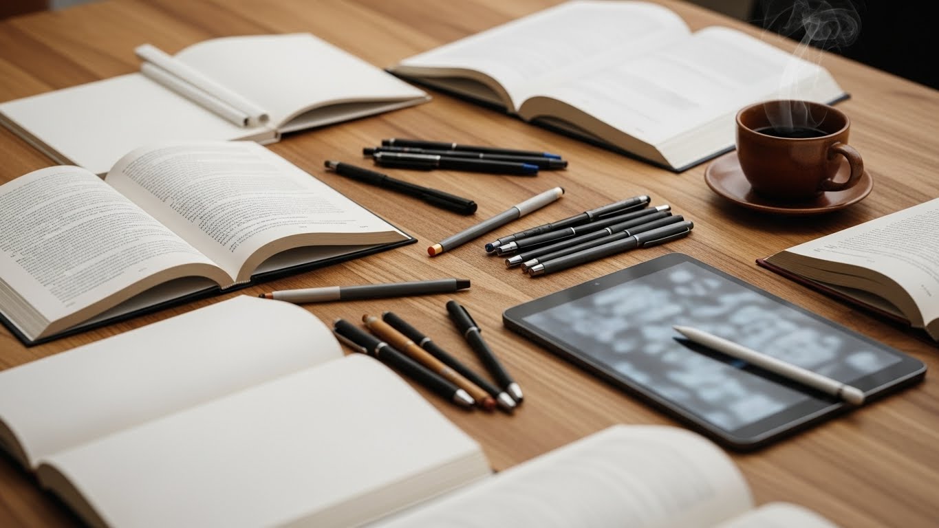 Study materials including books, pens, and tablet